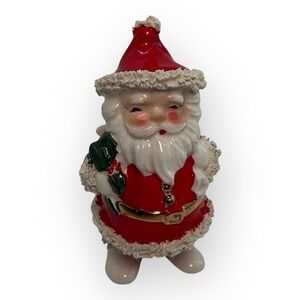 Vintage 50s Napco Spaghetti Trim Santa Sack Gold Trim Planter Candy Cane Holder